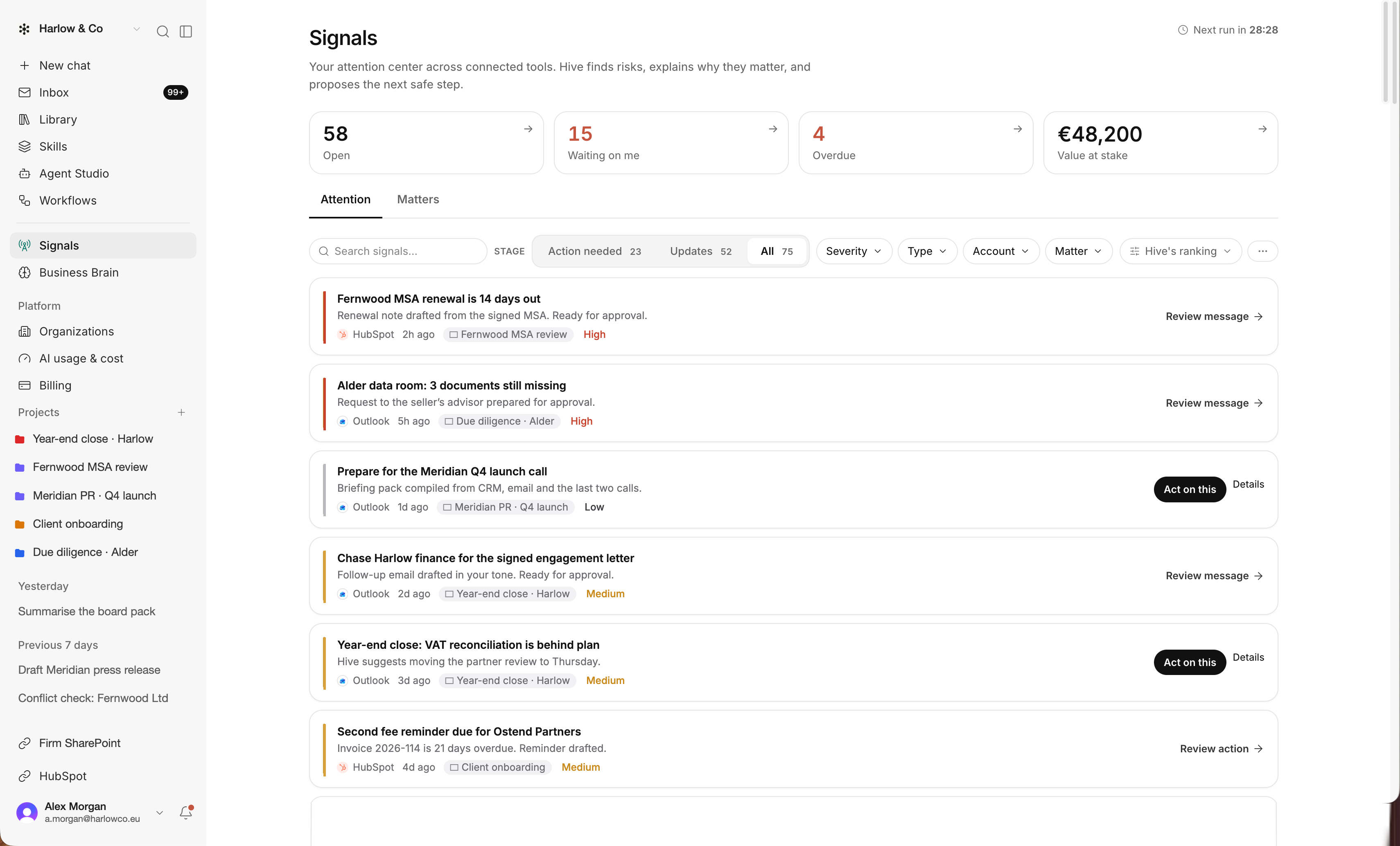 Signals flags unconfirmed items for review before anything is approved.